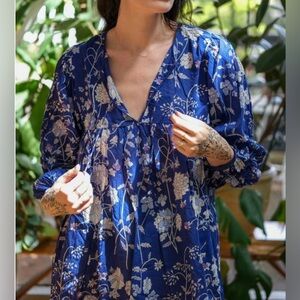 ▪️Matta NY Cotton GARDEN Top Blue Floral Boho Peasant Long Sleeve Tiered Blouse